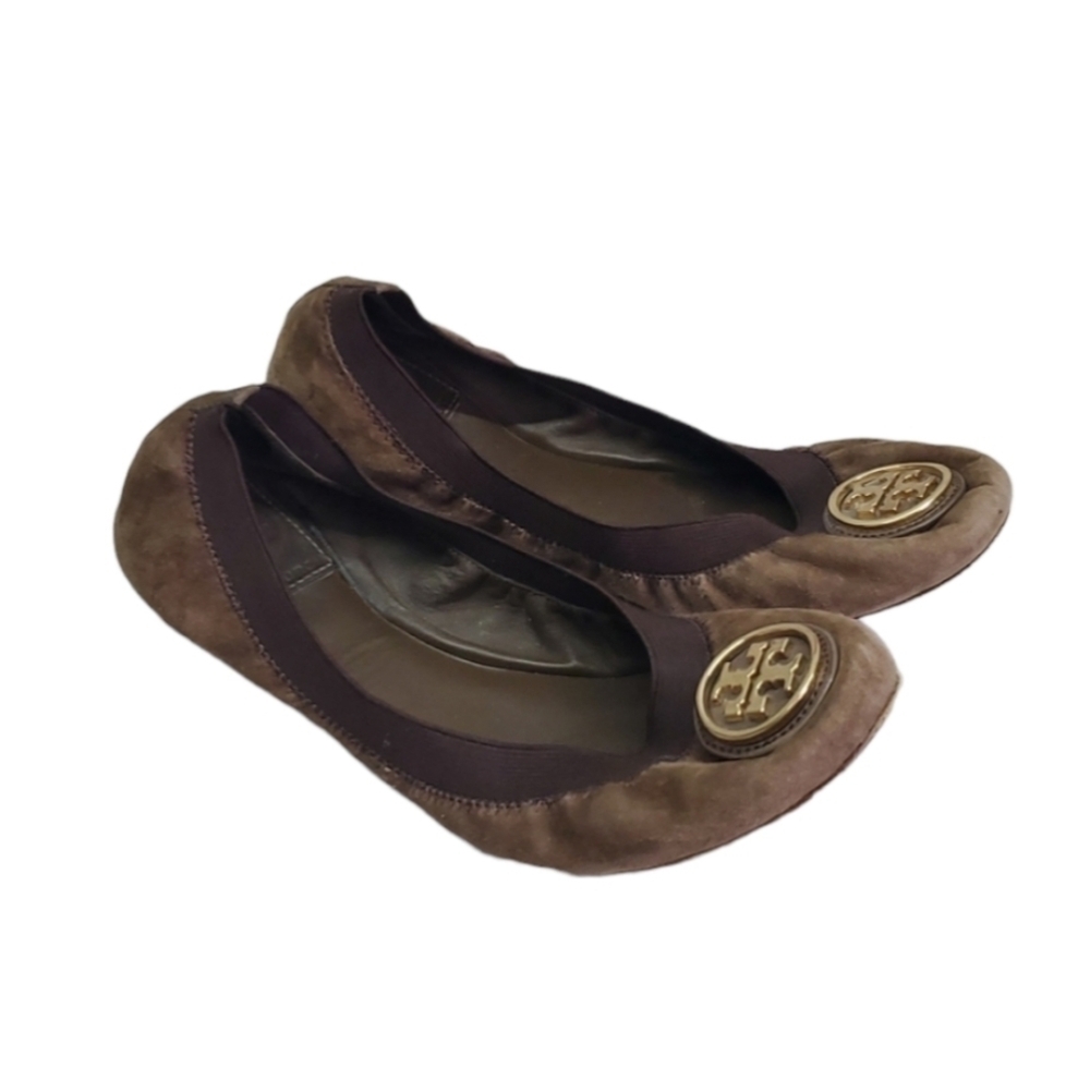 Tory Burch Womens Carolineelastic Logo Suede Slip On Ballet Flats Sz 7.5